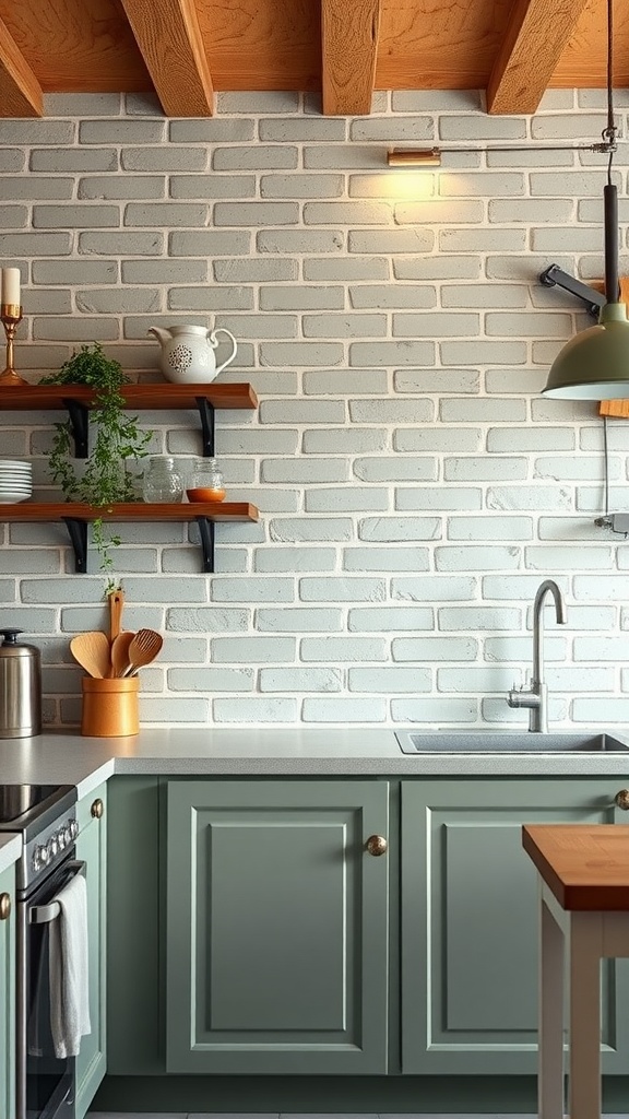 Kitchen with sage green painted brick wall, wooden shelves, and modern fixtures