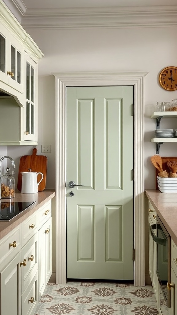 A sage green pantry door in a kitchen setting, showcasing light cabinetry and warm wood accents.