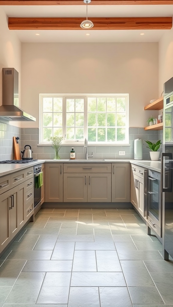 A modern kitchen featuring sage green tile flooring, light cabinets, and wooden beams.