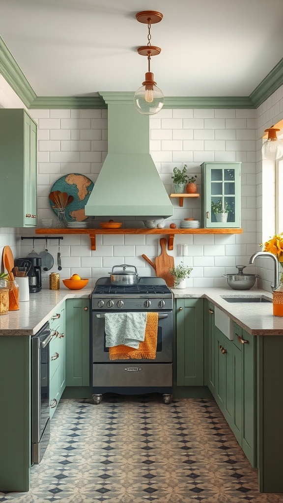 A sage green kitchen featuring vintage elements like wooden shelves, a globe, and a decorative range hood.