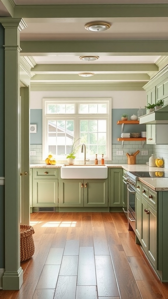 A kitchen featuring sage green wainscoting with wooden floors and natural light.