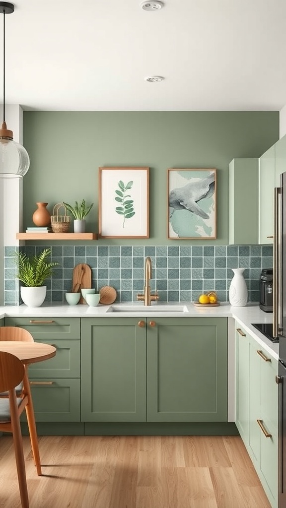 A kitchen with sage green walls, wooden accents, and botanical wall art.