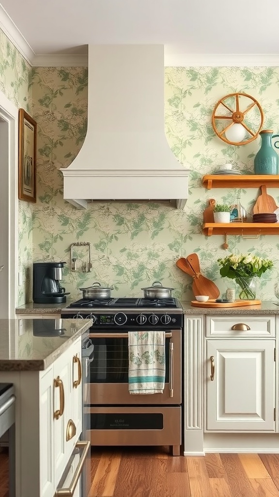 A kitchen featuring sage green wallpaper with floral patterns, a modern oven, and wooden shelves.