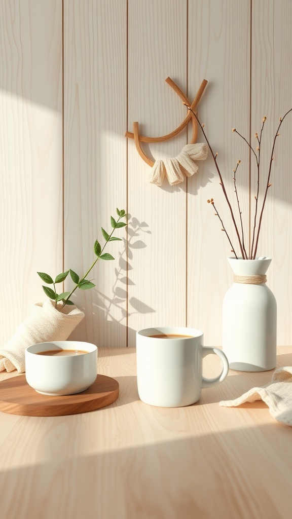 A Scandinavian inspired coffee setup featuring two white cups, a vase with branches, and a plant on a wooden table.