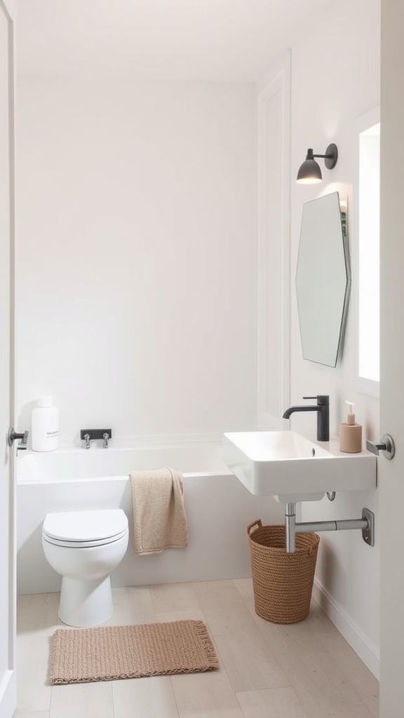 A minimalist Scandinavian bathroom with white walls, wooden flooring, and simple decor.