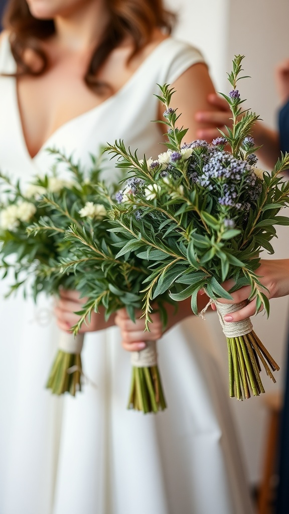 Bridesmaids holding scented herb bouquets at a wedding