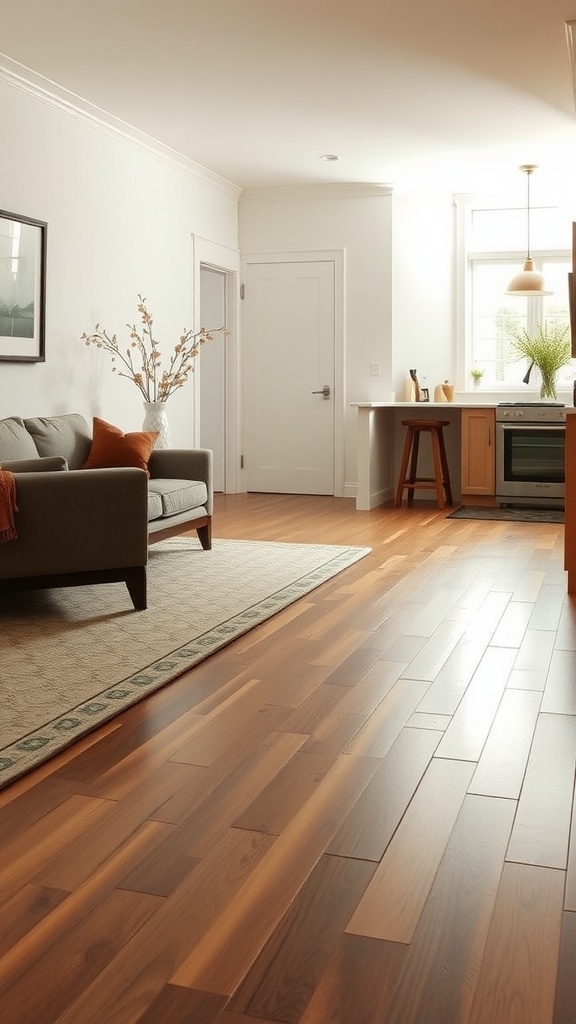 Cozy living room with seamless hardwood flooring transitioning into a kitchen area