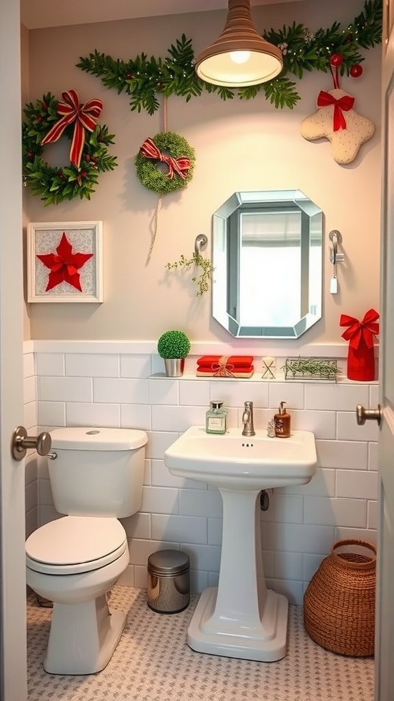 A festive bathroom decorated with wreaths, ornaments, and red accents for the holiday season.