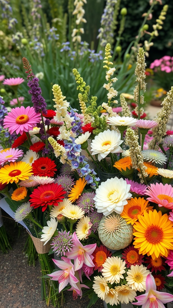 A colorful bouquet featuring various seasonal flowers like gerbera daisies, lilies, and delphiniums, set against a blurred garden background.