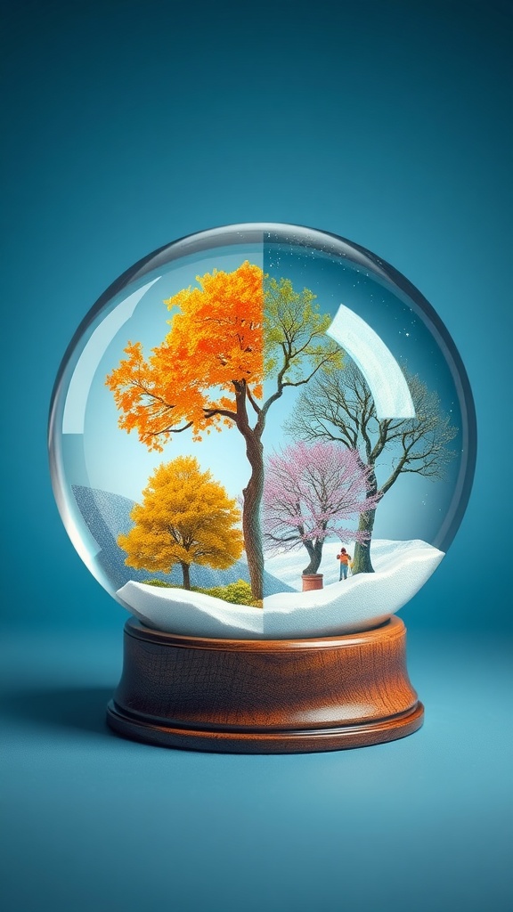 A snow globe showcasing seasonal changes with trees representing autumn and spring.