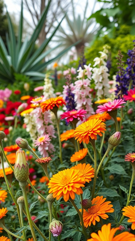 A vibrant garden filled with orange and pink flowers, creating a cheerful atmosphere.