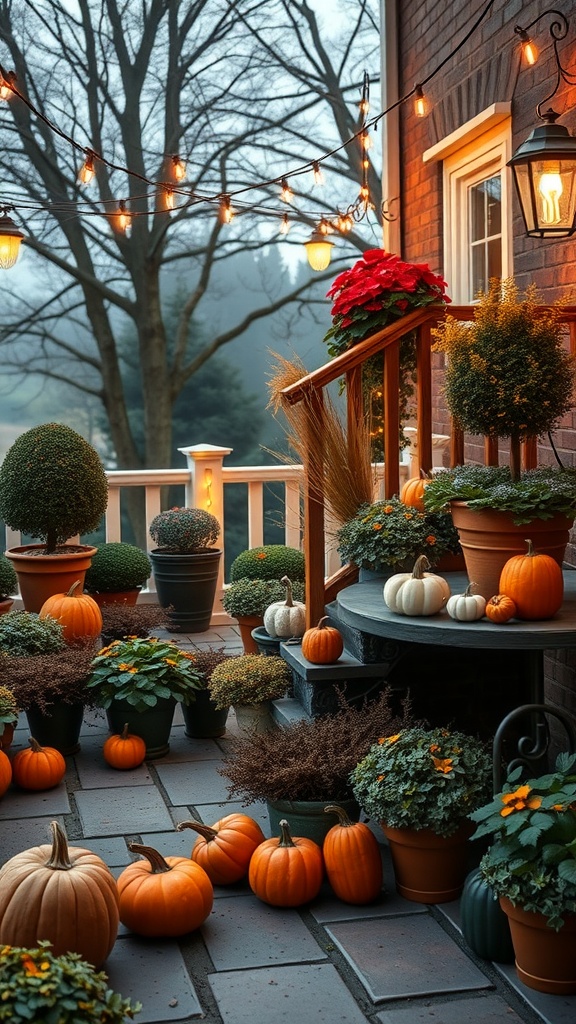 A cozy terrace garden decorated for fall with pumpkins, plants, and string lights.