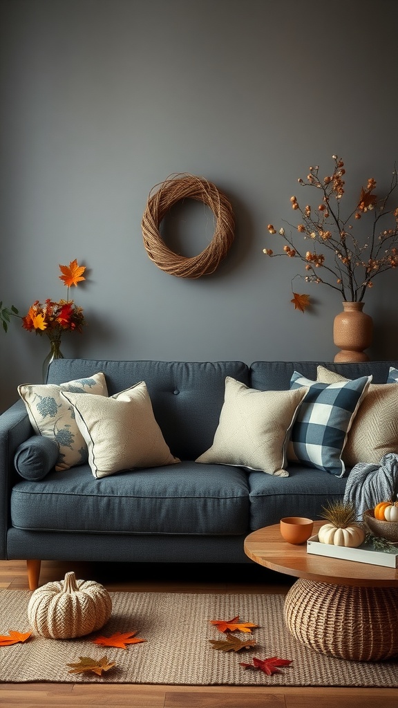 A dark gray couch with seasonal autumn decor including leaves and pumpkins.