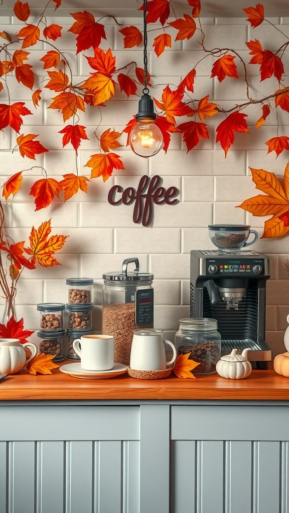 A seasonal coffee station decorated with autumn leaves and pumpkins, featuring a coffee machine and jars of snacks.