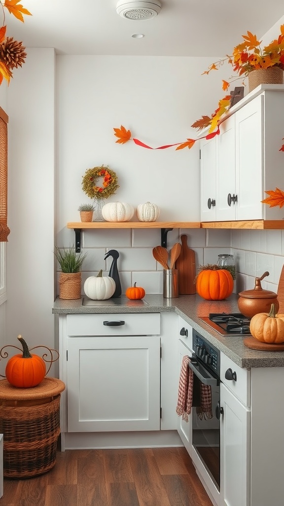 A cozy cottage kitchen decorated with autumn seasonal decor, featuring pumpkins and colorful leaves.