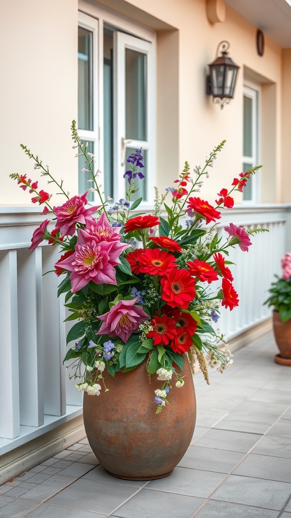 A vibrant seasonal flower arrangement in a large pot on a terrace.