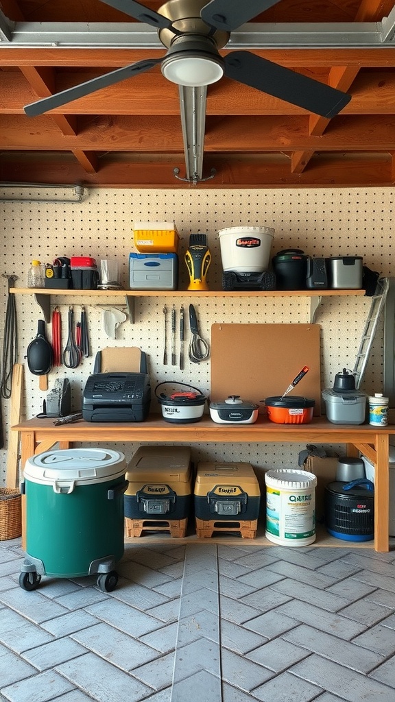 Organized garage workshop with shelves of tools and storage bins