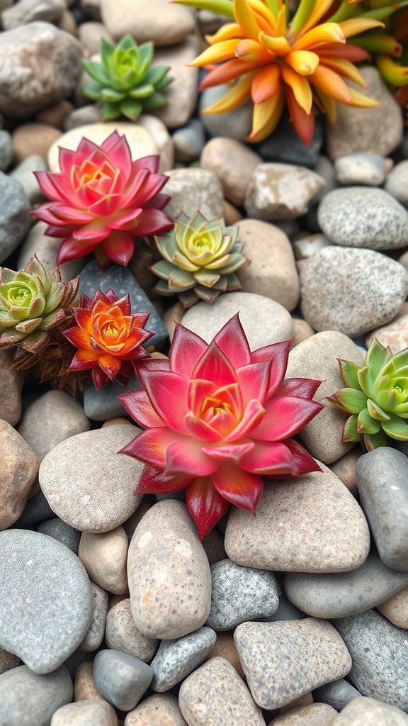 A vibrant arrangement of succulents among smooth stones