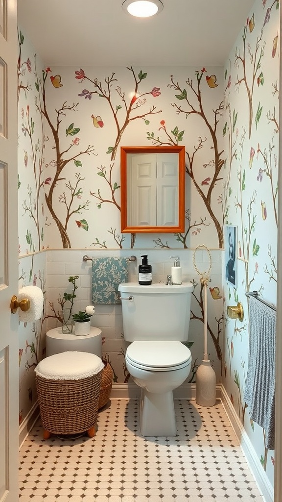 A small bathroom with tree and bird themed wallpaper, featuring a mirror and decorative elements.