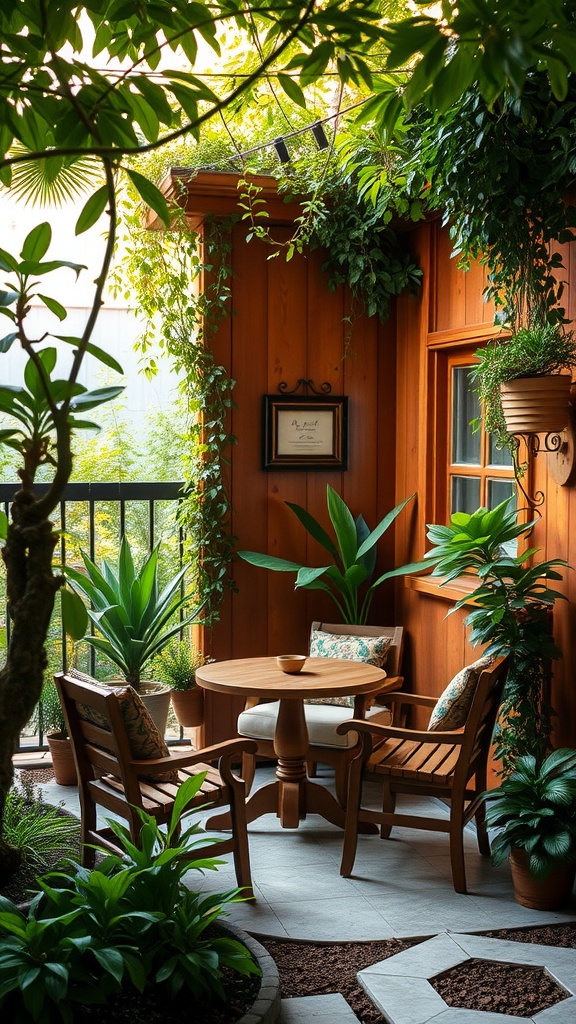 A cozy garden nook with wooden chairs, a round table, and lush plants.