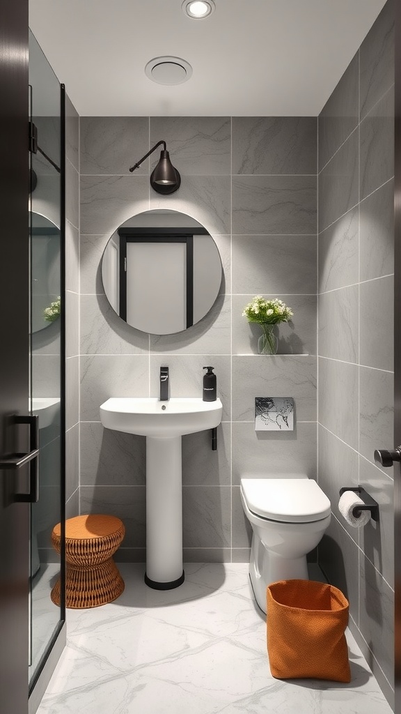 Small bathroom with a corner sink, modern design, gray tiles, and orange accents.