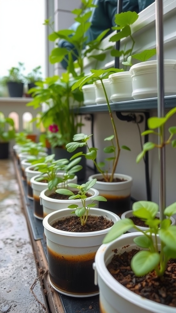 Row of self-watering hydroponic pots with young plants growing in soil.