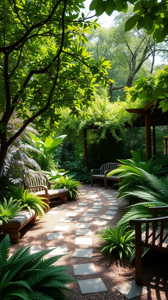 A picturesque shade garden with a winding stone path and comfortable seating surrounded by lush greenery.