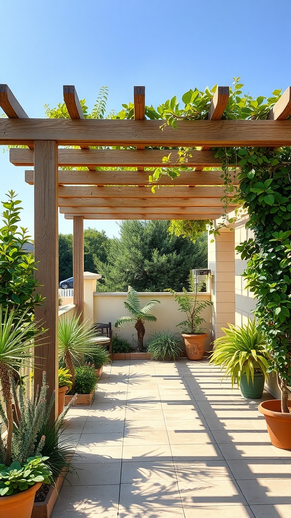 A wooden pergola with greenery providing shade in a terrace garden.