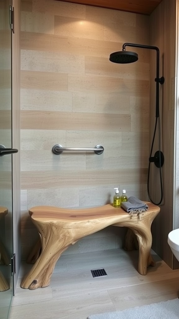 Rustic shower with a driftwood bench, modern fixtures, and neutral tiles.