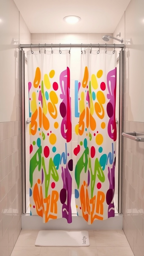 Colorful shower curtain in a small bathroom setting