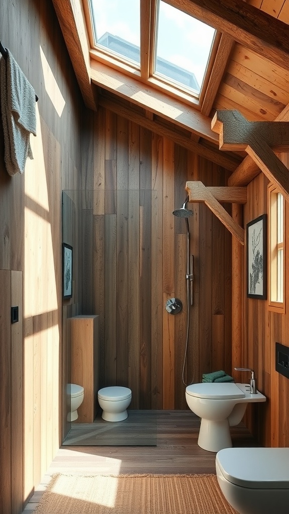 A rustic walk-in shower featuring wooden walls and a skylight that allows natural light to enter.