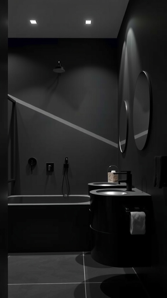 Modern bathroom with sleek black fixtures and fittings, featuring minimalistic design and soft lighting.