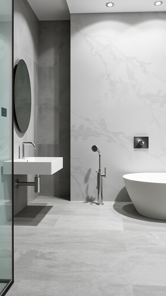 A modern bathroom featuring sleek concrete floors, a minimalist sink, and an elegant bathtub.