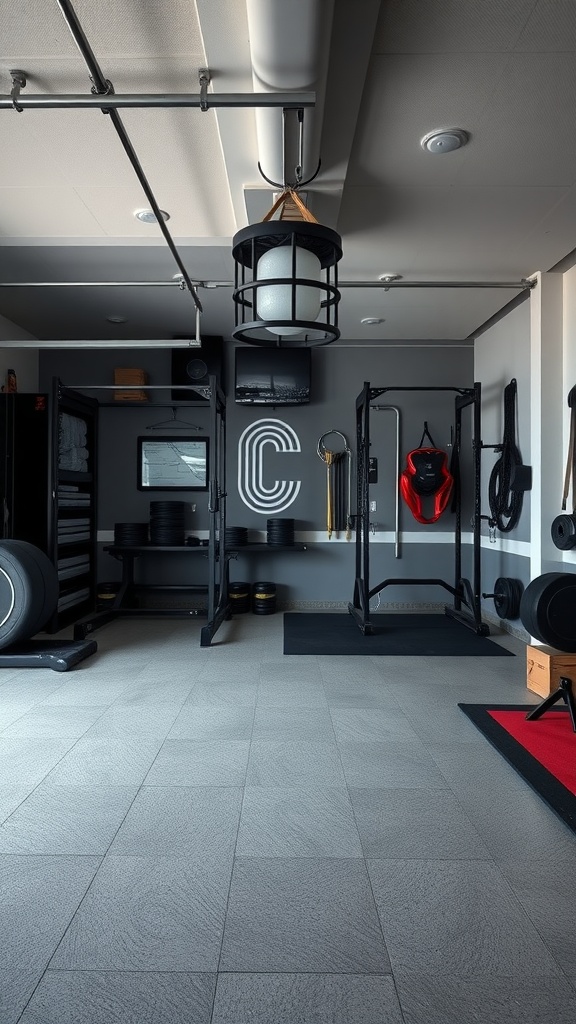 A modern garage gym featuring sleek, light-colored flooring and workout equipment.