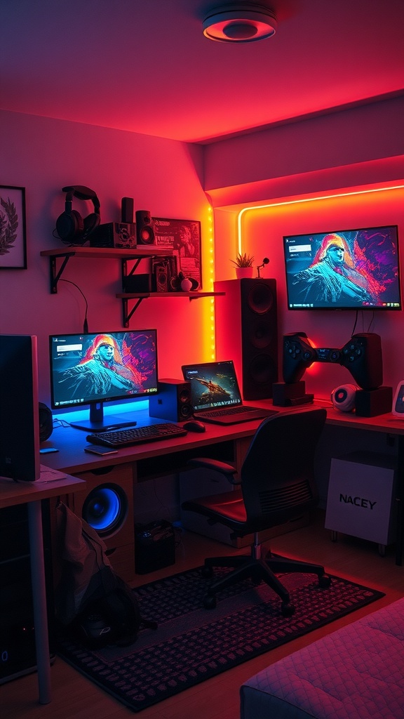 A modern teen boy's gaming setup featuring dual monitors, LED lighting, a comfortable chair, and gaming accessories.