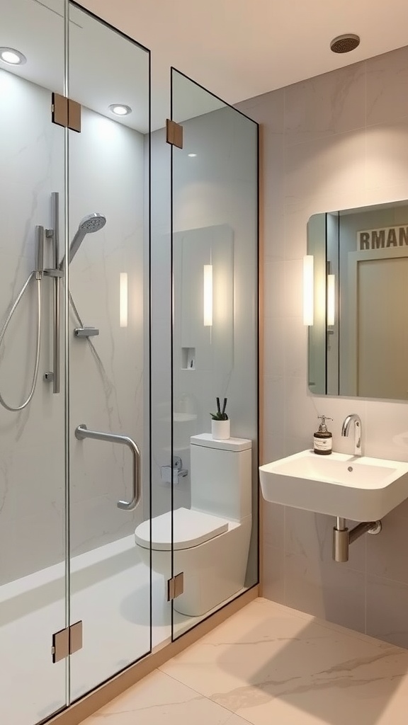 Modern bathroom featuring sleek glass panels separating the shower area.