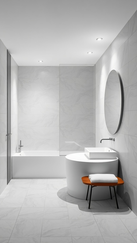 A modern bathroom featuring large format tiles in light colors, a sleek bathtub, minimalist sink, and round mirror.