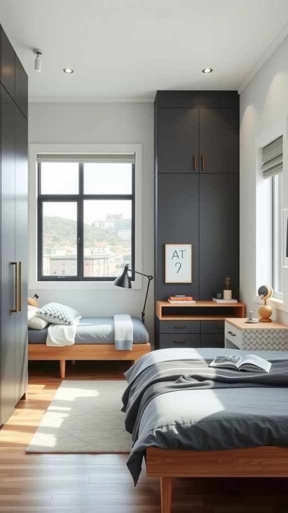 A modern teen boy bedroom featuring a sleek minimalist design with dark cabinets, simple beds, and natural light.