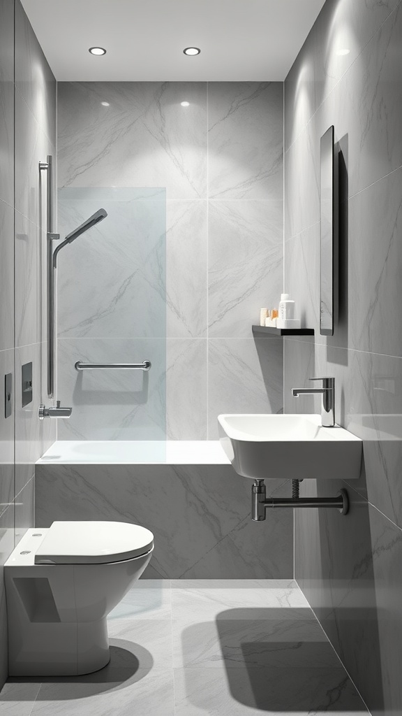 A modern grey and white bathroom featuring sleek fixtures.