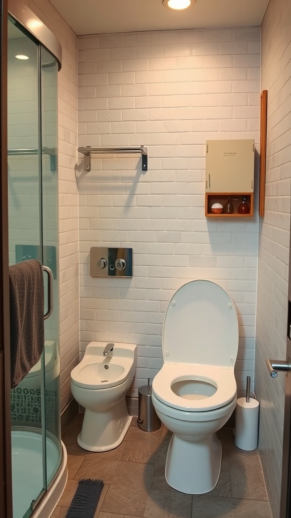 A small bathroom featuring a compact toilet, bidet, and shower with modern wall-mounted storage.