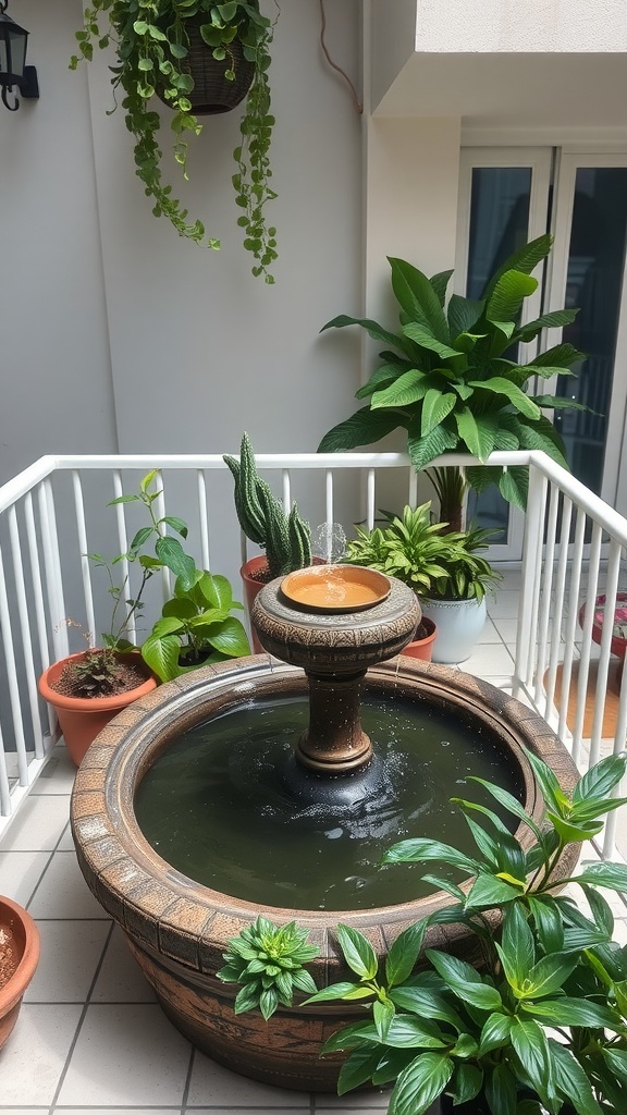 A small balcony garden with a fountain surrounded by various plants