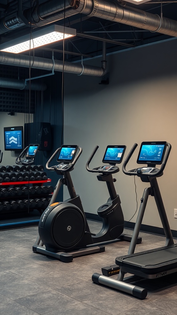 A modern garage gym featuring smart fitness machines and a variety of dumbbells.