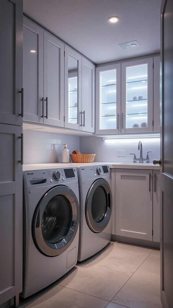 Laundry room with modern cabinets featuring smart LED lighting