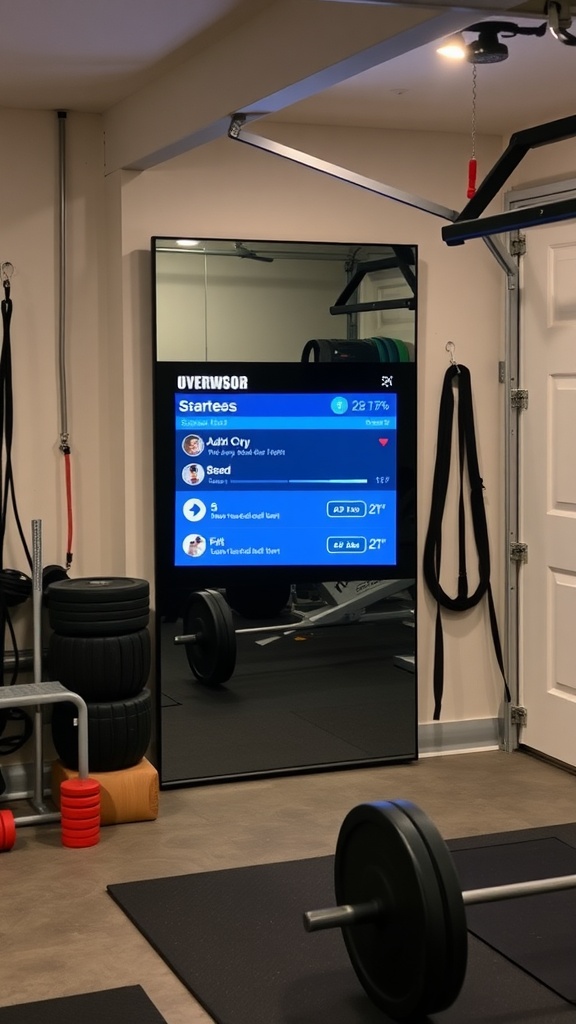 Image of a smart mirror in a garage gym displaying workout stats and routines.