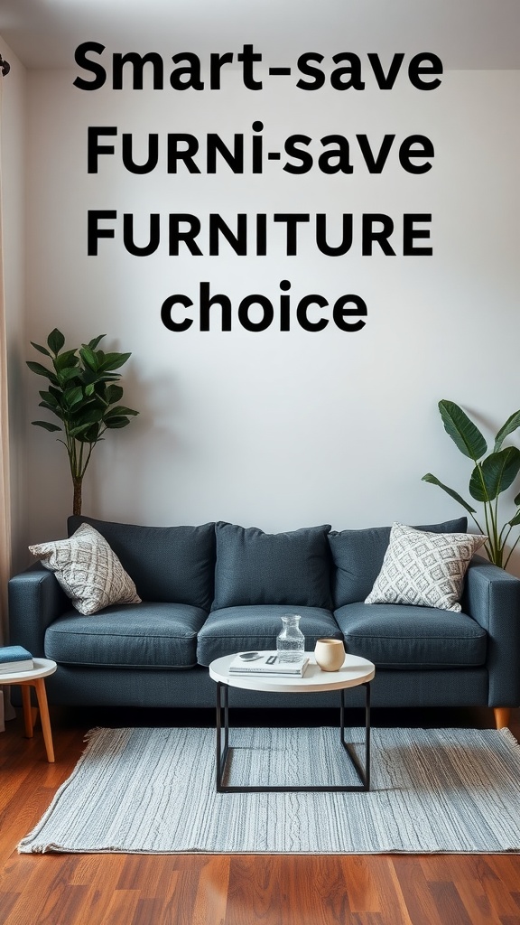 A small living room featuring a dark gray couch with decorative pillows, a round coffee table, and a plant in the corner.