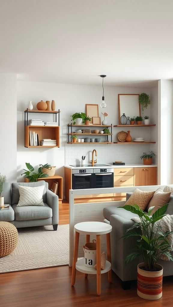 A stylish living room connected to a modern kitchen featuring smart storage solutions.