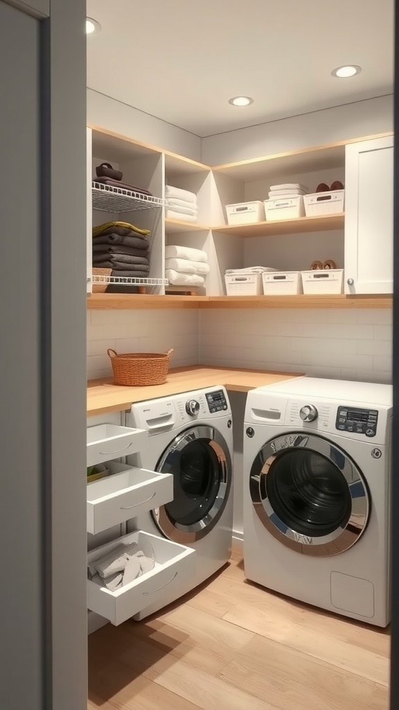 A modern laundry room featuring a washer and dryer, wooden countertop, open shelves with folded towels and storage baskets, and pull-out drawers.