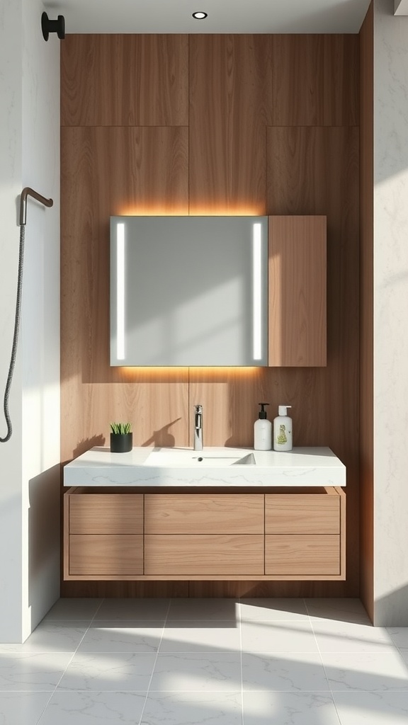 A modern bathroom vanity featuring touch controls, wood paneling, elegant lighting, and a minimalist design.