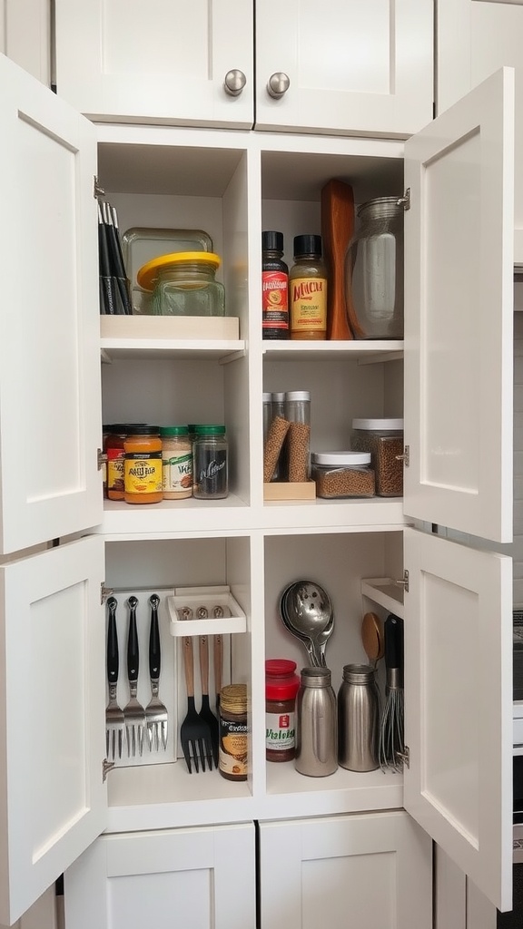 Organized kitchen cabinet showcasing smart use of cabinet door space with jars, utensils, and spices