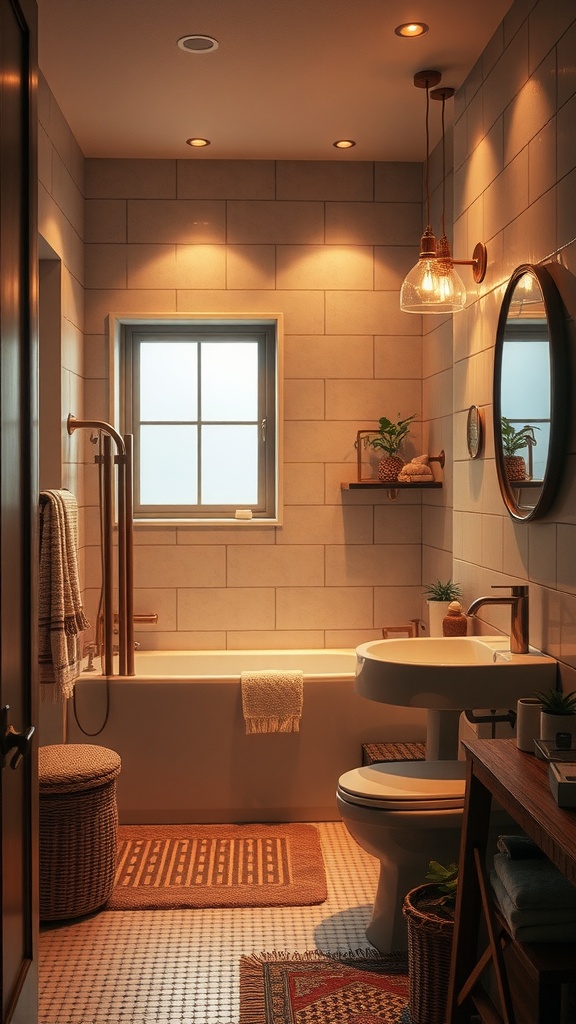 Modern bathroom with soft ambient lighting and warm tones.